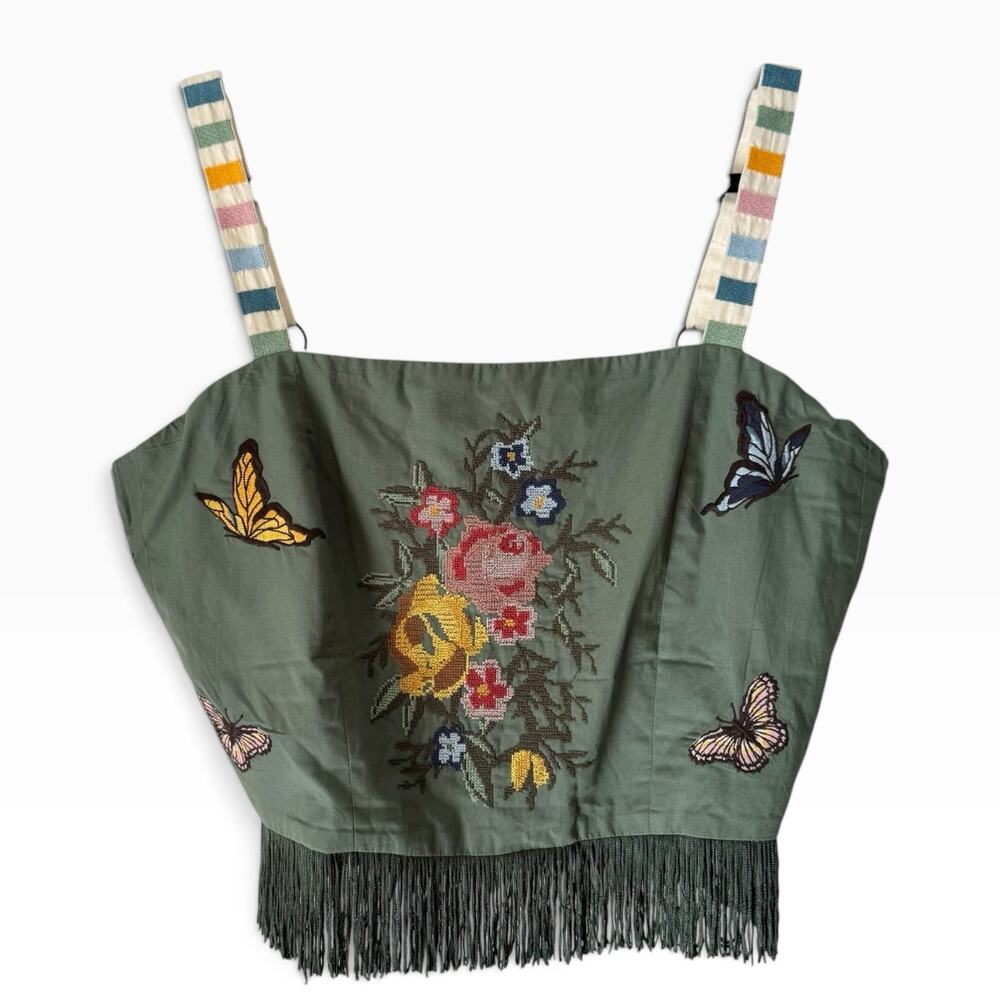 EDDY Green Floral Butterfly Needlepoint Fringe Crop Corset Top Size Large